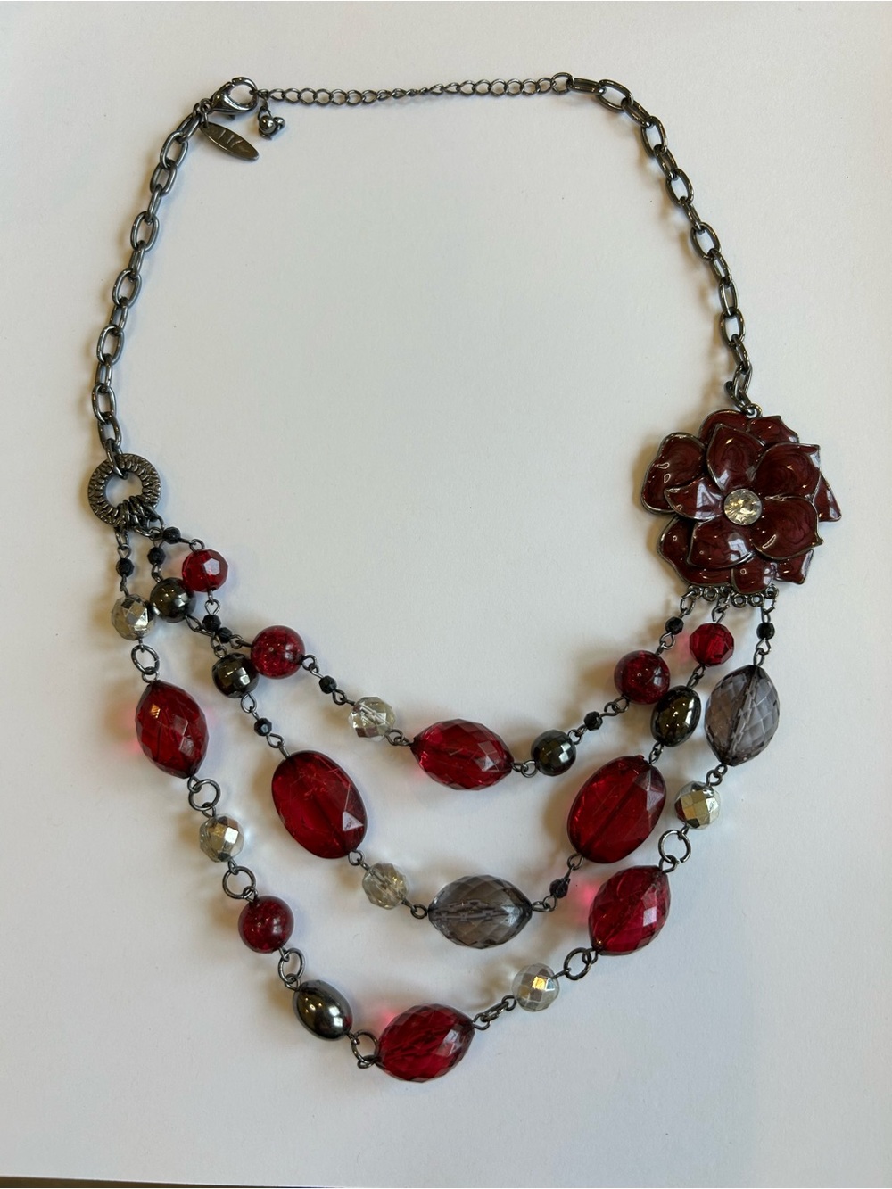 NY & Co gunmetal 3-layer beaded necklace w/rose.  16-19” long. dark red & grey.